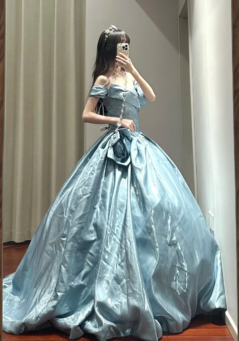 Pretty Ball Gown Off The Shoulder Satin Without Sleeves Long Prom Dress,Evening Dress GG5488