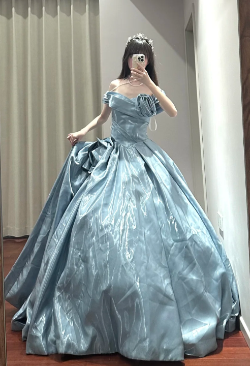 Pretty Ball Gown Off The Shoulder Satin Without Sleeves Long Prom Dress,Evening Dress GG5488