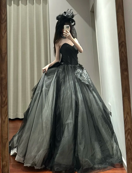 Chic Black Ball Gown Sweetheart Satin Tulle Without Sleeves Long Prom Dress,Evening Dress GG5489