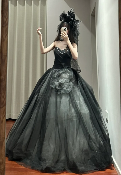 Chic Black Ball Gown Sweetheart Satin Tulle Without Sleeves Long Prom Dress,Evening Dress GG5489