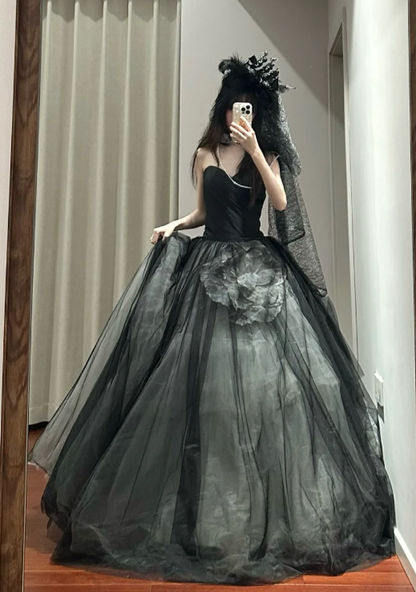 Chic Black Ball Gown Sweetheart Satin Tulle Without Sleeves Long Prom Dress,Evening Dress GG5489