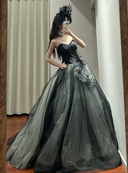 Chic Black Ball Gown Sweetheart Satin Tulle Without Sleeves Long Prom Dress,Evening Dress GG5489