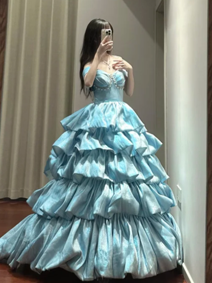 Pretty Ball Gown Off The Shoulder Tiered Satin Beaded Without Sleeves Long Prom Dress,Evening Dress GG5490