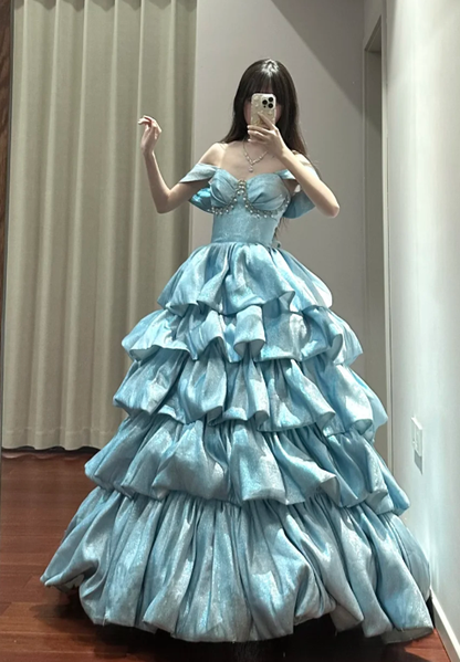 Pretty Ball Gown Off The Shoulder Tiered Satin Beaded Without Sleeves Long Prom Dress,Evening Dress GG5490