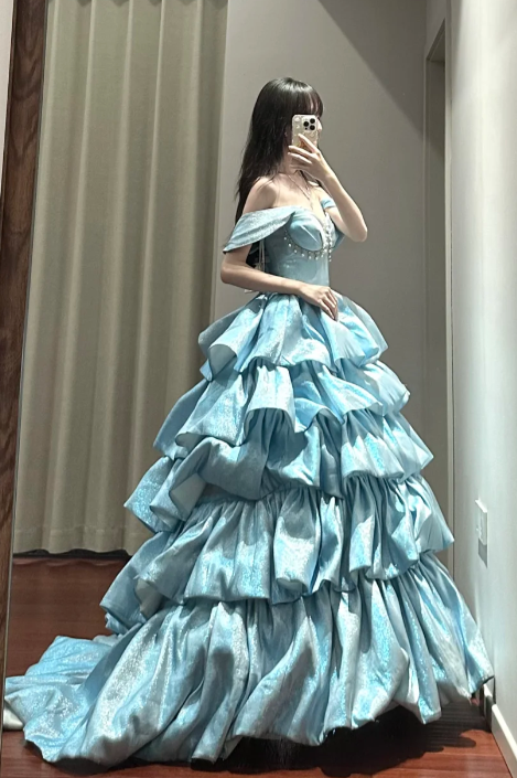 Pretty Ball Gown Off The Shoulder Tiered Satin Beaded Without Sleeves Long Prom Dress,Evening Dress GG5490