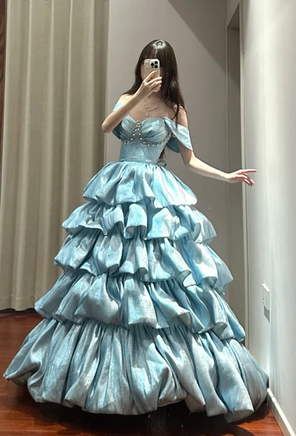 Pretty Ball Gown Off The Shoulder Tiered Satin Beaded Without Sleeves Long Prom Dress,Evening Dress GG5490