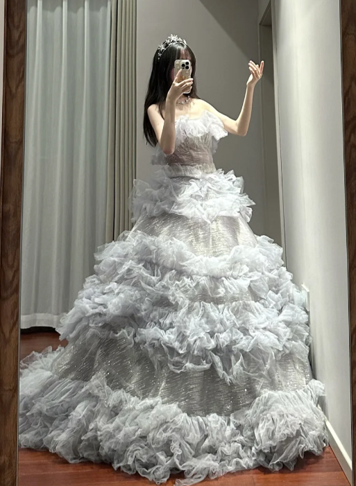 Sweet Ball Gown Strapless Tiered Tulle Sequin Without Sleeves Long Prom Dress,Evening Dress GG5491