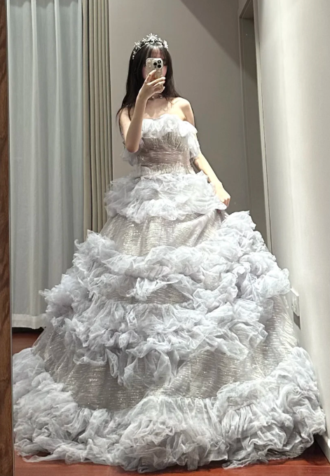 Sweet Ball Gown Strapless Tiered Tulle Sequin Without Sleeves Long Prom Dress,Evening Dress GG5491