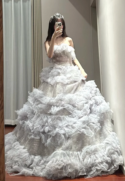 Sweet Ball Gown Strapless Tiered Tulle Sequin Without Sleeves Long Prom Dress,Evening Dress GG5491