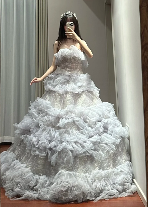 Sweet Ball Gown Strapless Tiered Tulle Sequin Without Sleeves Long Prom Dress,Evening Dress GG5491