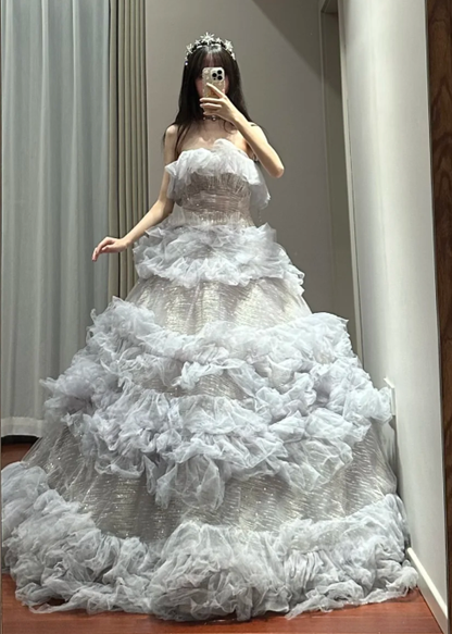 Sweet Ball Gown Strapless Tiered Tulle Sequin Without Sleeves Long Prom Dress,Evening Dress GG5491