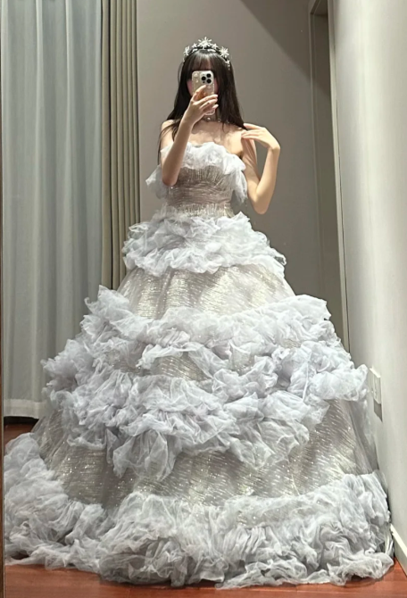 Sweet Ball Gown Strapless Tiered Tulle Sequin Without Sleeves Long Prom Dress,Evening Dress GG5491