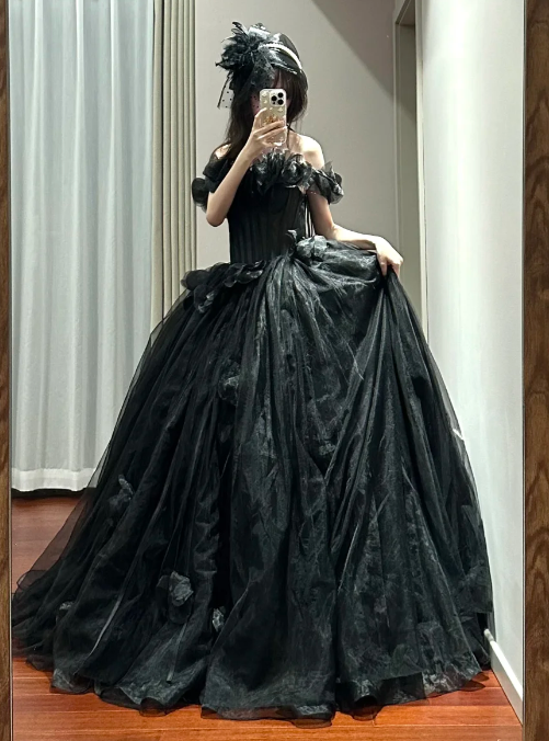 Black Ball Gown Off The Shoulder Satin Tulle Without Sleeves Long Prom Dress,Evening Dress GG5492