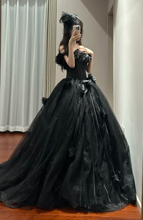 Black Ball Gown Off The Shoulder Satin Tulle Without Sleeves Long Prom Dress,Evening Dress GG5492