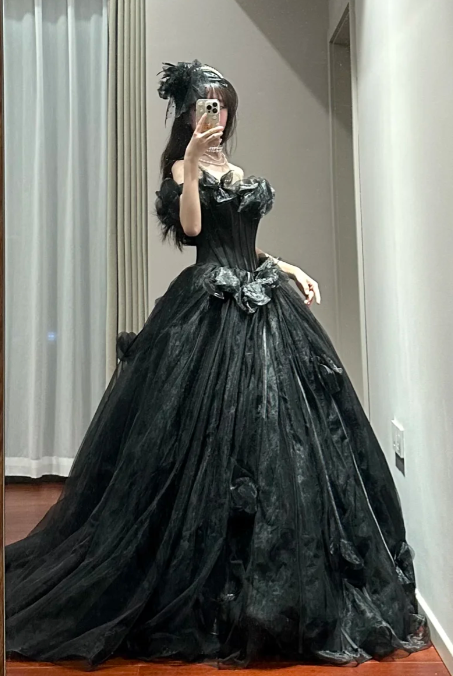 Black Ball Gown Off The Shoulder Satin Tulle Without Sleeves Long Prom Dress,Evening Dress GG5492