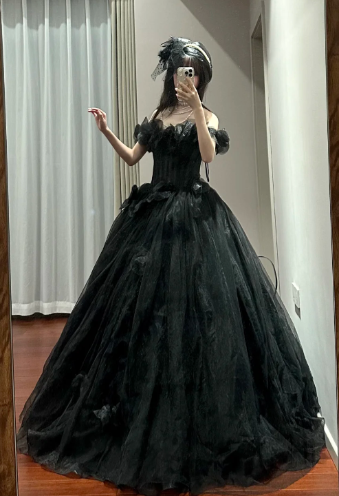 Black Ball Gown Off The Shoulder Satin Tulle Without Sleeves Long Prom Dress,Evening Dress GG5492