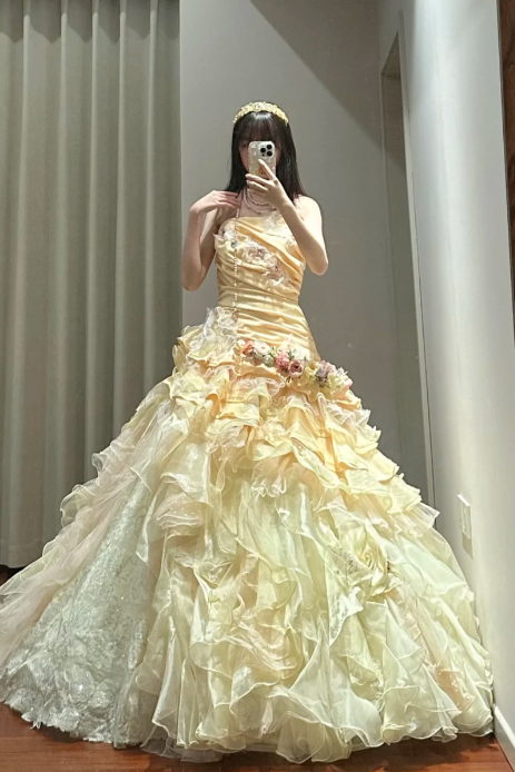 Gorgeous Ball Gown Strapless Satin Tiered Chiffon Floral Without Sleeves Long Prom Dress,Evening Dress GG5493