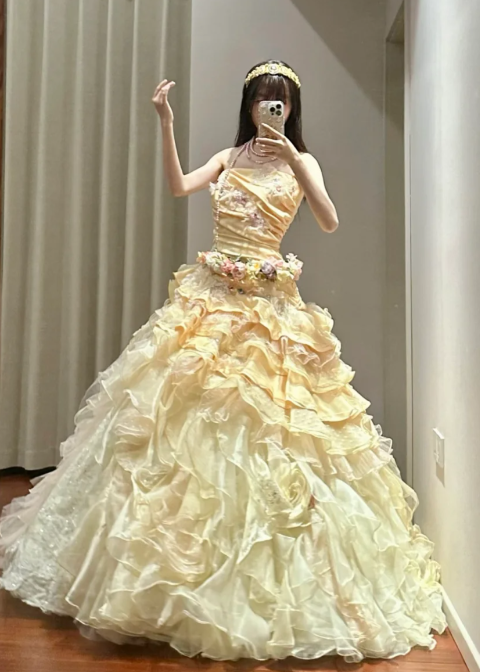 Gorgeous Ball Gown Strapless Satin Tiered Chiffon Floral Without Sleeves Long Prom Dress,Evening Dress GG5493