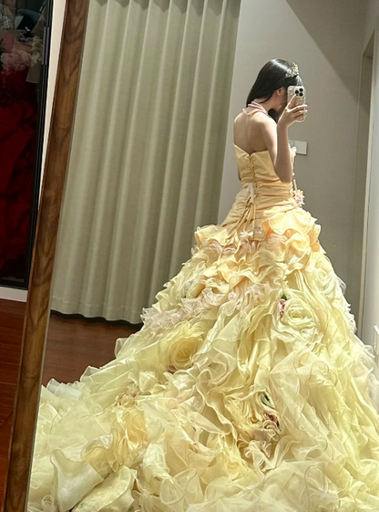 Gorgeous Ball Gown Strapless Satin Tiered Chiffon Floral Without Sleeves Long Prom Dress,Evening Dress GG5493