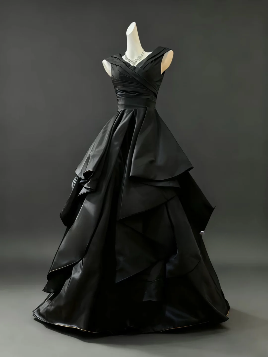Classy Black Ball Gown V Neck Pleated Satin Without Sleeves Long Prom Dress,Evening Dress GG5496
