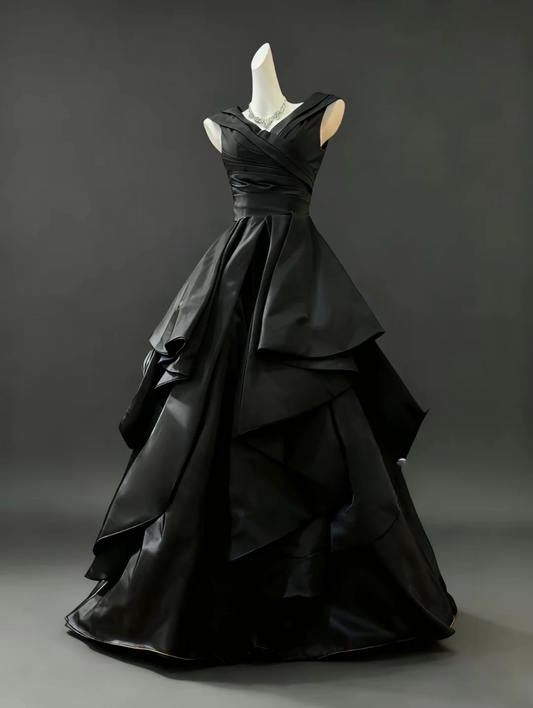 Classy Black Ball Gown V Neck Pleated Satin Without Sleeves Long Prom Dress,Evening Dress GG5496