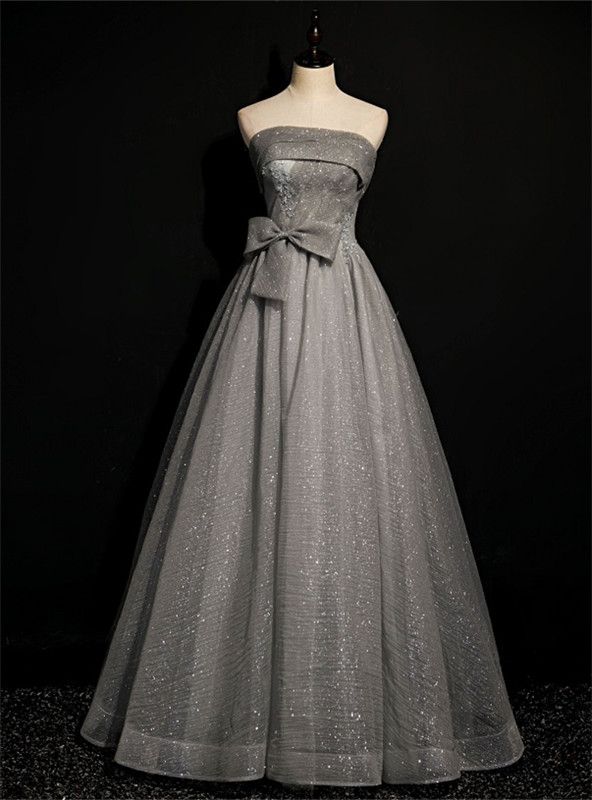 Chic A Line Strapless Gray Tulle Sequins Pleats Beading Bow Long Prom Dress,Evening Dress GG550