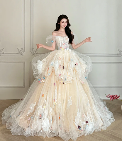 Sweet Ball Gown Off The Shoulder Tulle Lace Applique Without Sleeves Long Prom Dress,Evening Dress GG5501