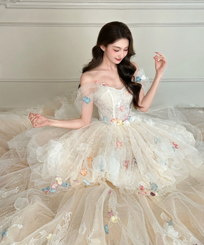 Sweet Ball Gown Off The Shoulder Tulle Lace Applique Without Sleeves Long Prom Dress,Evening Dress GG5501