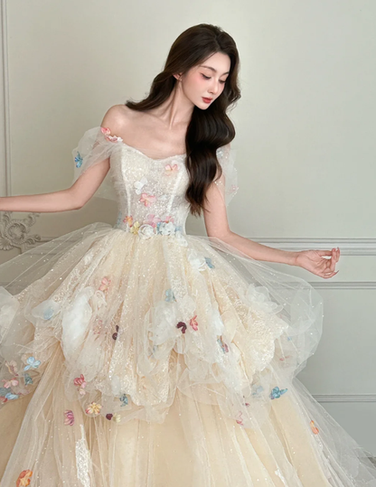 Sweet Ball Gown Off The Shoulder Tulle Lace Applique Without Sleeves Long Prom Dress,Evening Dress GG5501