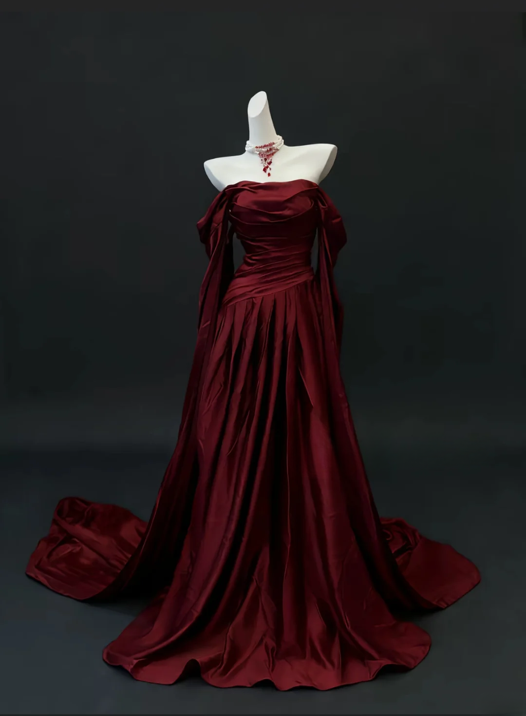 Elegant A Line Burgundy Off The Shoulder Pleated Satin Without Sleeves Long Prom Dress,Evening Dress GG5502