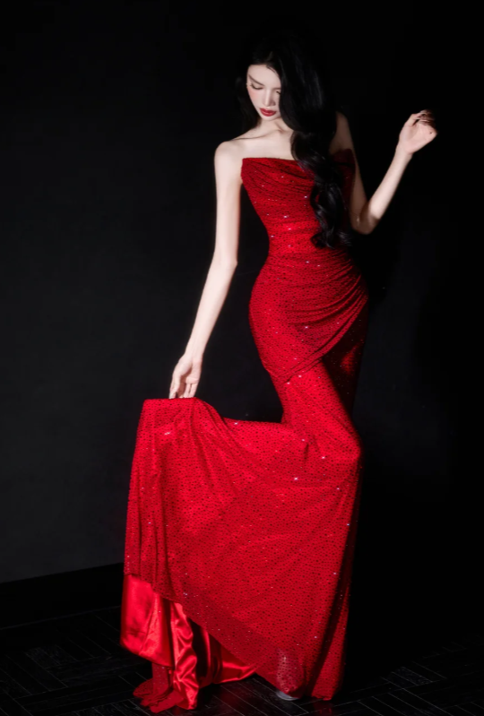 Charming Red Mermaid Strapless Satin Beaded Without Sleeves Long Prom Dress,Evening Dress GG5503