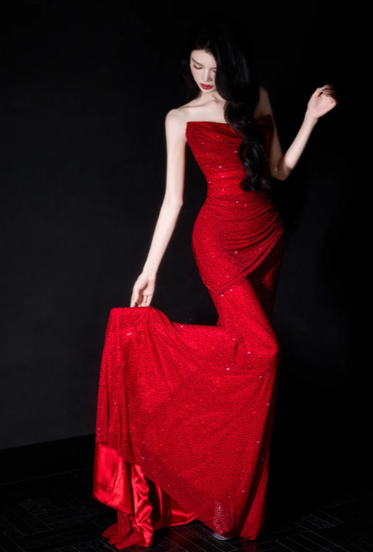 Charming Red Mermaid Strapless Satin Beaded Without Sleeves Long Prom Dress,Evening Dress GG5503