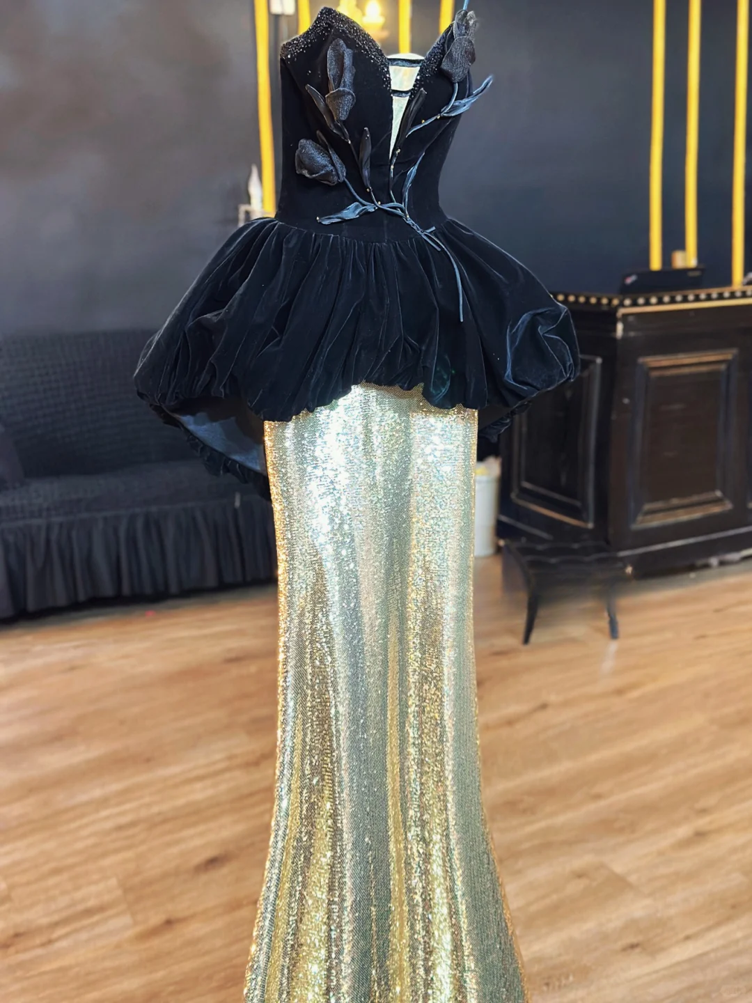 Chic Mermaid Strapless Velvet Sequin Without Sleeves Long Prom Dress,Evening Dress GG5505