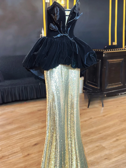 Chic Mermaid Strapless Velvet Sequin Without Sleeves Long Prom Dress,Evening Dress GG5505