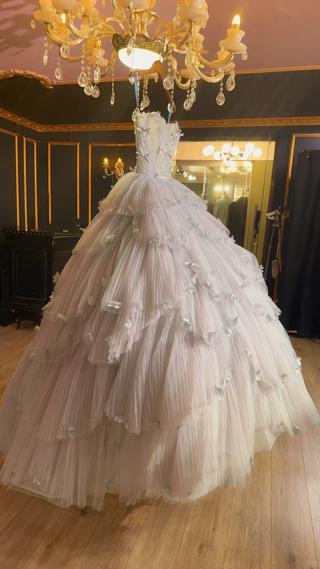 Sweet Ball Gown Strapless Tulle Lace With Bow Without Sleeves Long Prom Dress,Evening Dress GG5506