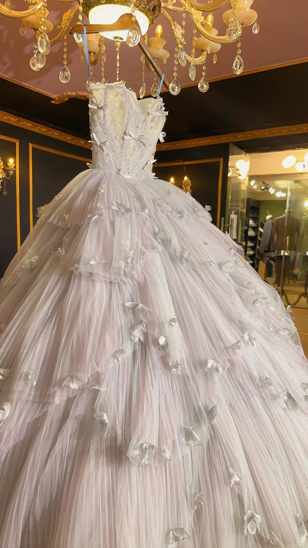 Sweet Ball Gown Strapless Tulle Lace With Bow Without Sleeves Long Prom Dress,Evening Dress GG5506