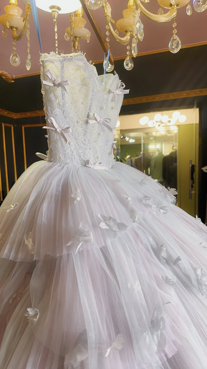 Sweet Ball Gown Strapless Tulle Lace With Bow Without Sleeves Long Prom Dress,Evening Dress GG5506