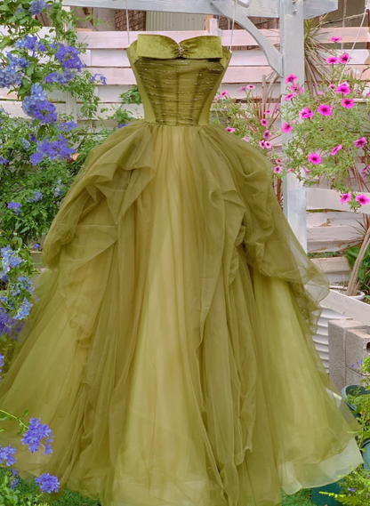 Unique Ball Gown Strapless Tulle Beaded Without Sleeves Long Prom Dress,Evening Dress GG5511