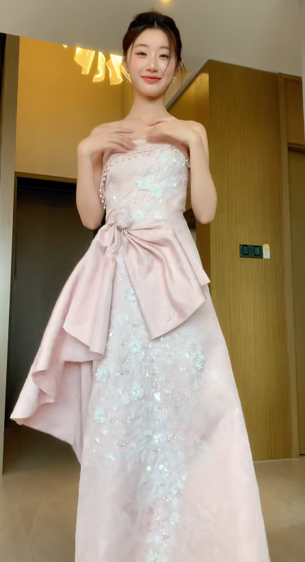 Romantic A Line Strapless Pink Satin Sequin Applique Without Sleeves Long Prom Dress,Evening Dress GG5512