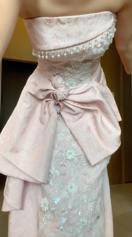 Romantic A Line Strapless Pink Satin Sequin Applique Without Sleeves Long Prom Dress,Evening Dress GG5512