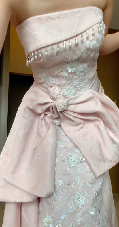 Romantic A Line Strapless Pink Satin Sequin Applique Without Sleeves Long Prom Dress,Evening Dress GG5512