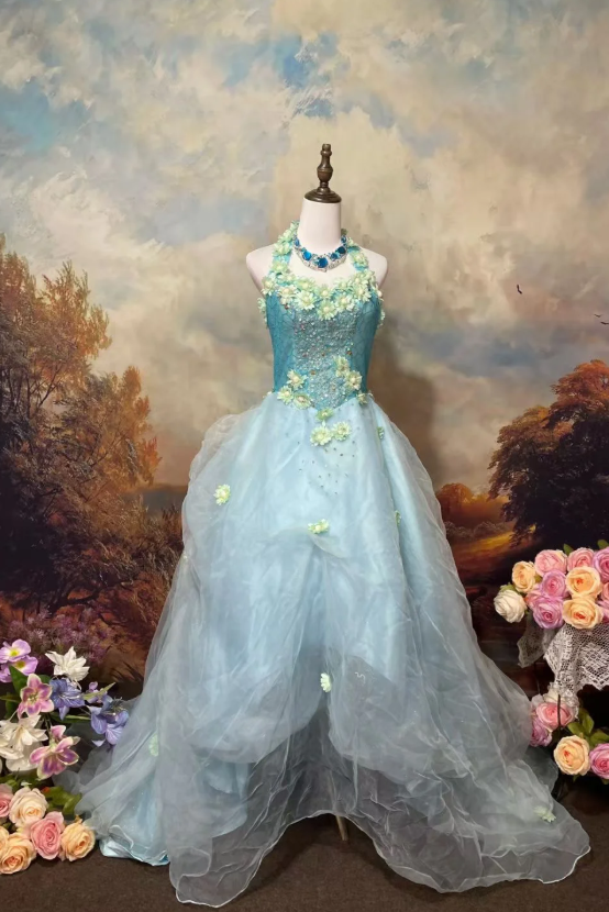 Chic Ball Gown Halter Satin Chiffon Applique Without Sleeves Long Prom Dress,Evening Dress GG5514