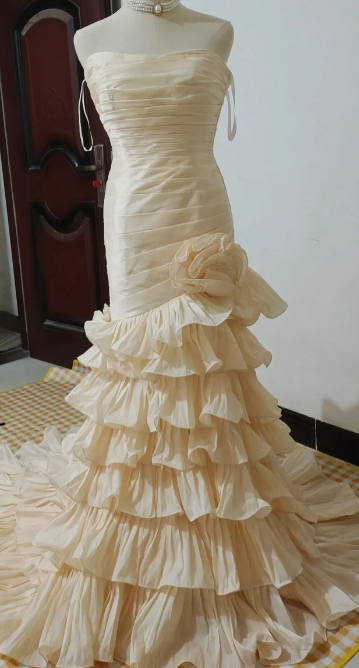 Classy Mermaid Strapless Tiered Chiffon Ruffle Hem Without Sleeves Long Prom Dress,Evening Dress GG5516