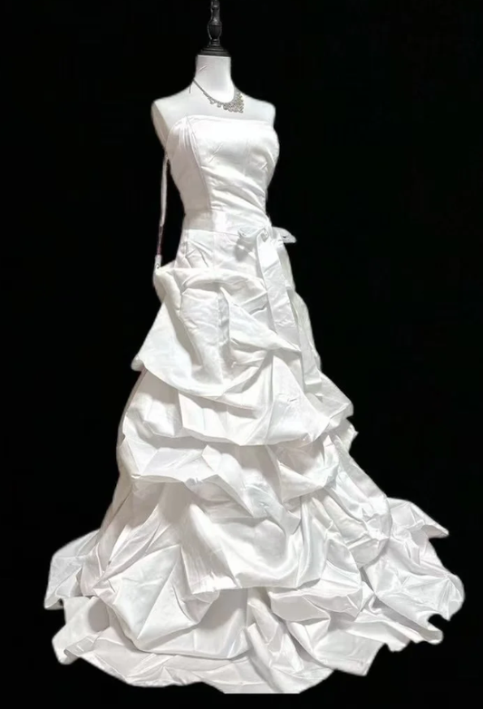 Elegant White A Line Strapless Satin Without Sleeves Long Prom Dress,Evening Dress GG5518