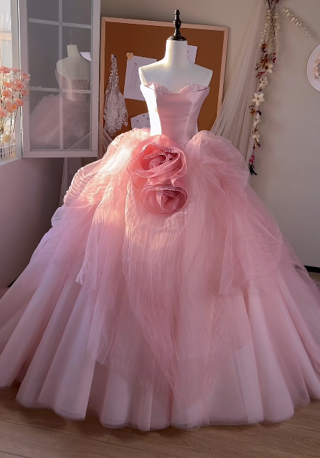 Sweet Pink Ball Gown Strapless Satin Tulle Without Sleeves Long Prom Dress,Evening Dress GG5521