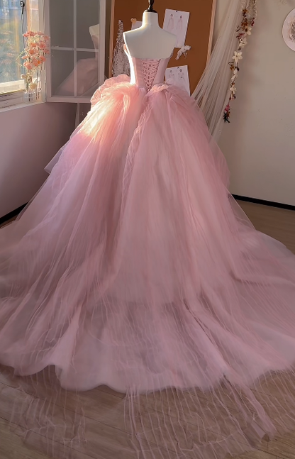 Sweet Pink Ball Gown Strapless Satin Tulle Without Sleeves Long Prom Dress,Evening Dress GG5521