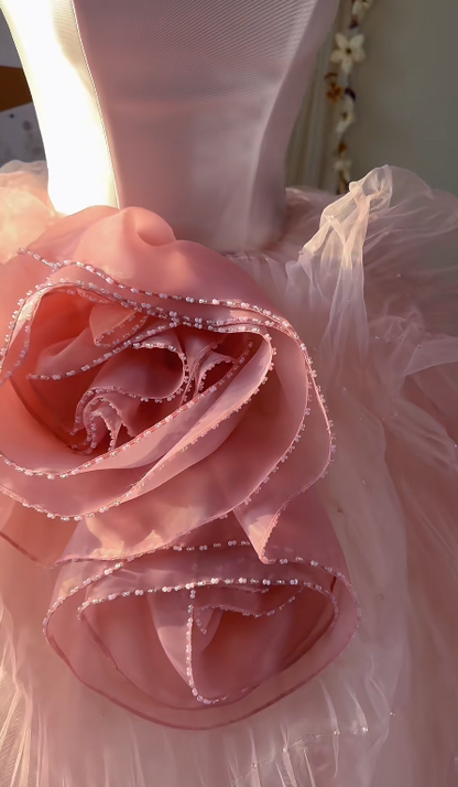 Sweet Pink Ball Gown Strapless Satin Tulle Without Sleeves Long Prom Dress,Evening Dress GG5521