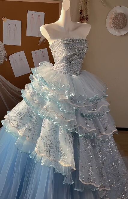 Shiny Ball Gown Strapless Tiered Tulle Sequin Beaded Without Sleeves Long Prom Dress,Evening Dress GG5522