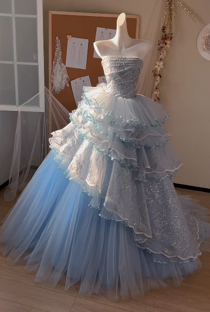 Shiny Ball Gown Strapless Tiered Tulle Sequin Beaded Without Sleeves Long Prom Dress,Evening Dress GG5522