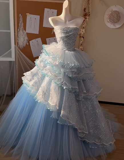 Shiny Ball Gown Strapless Tiered Tulle Sequin Beaded Without Sleeves Long Prom Dress,Evening Dress GG5522